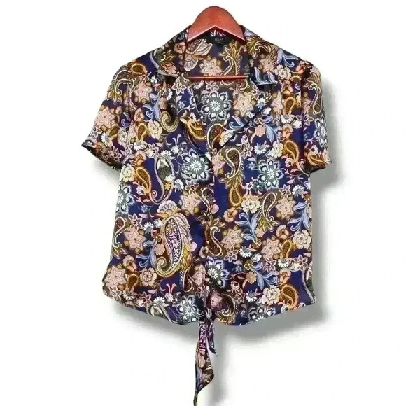 Eclair Floral Womens Satin Blouse Tie Front Top Colorful Size Medium - Picture 1 of 5